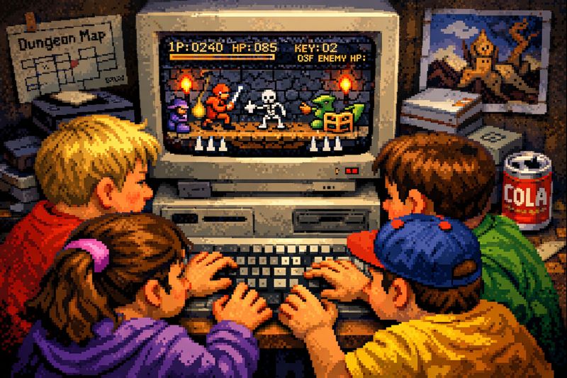 Huddle Dungeon game hero image showing game characters and action